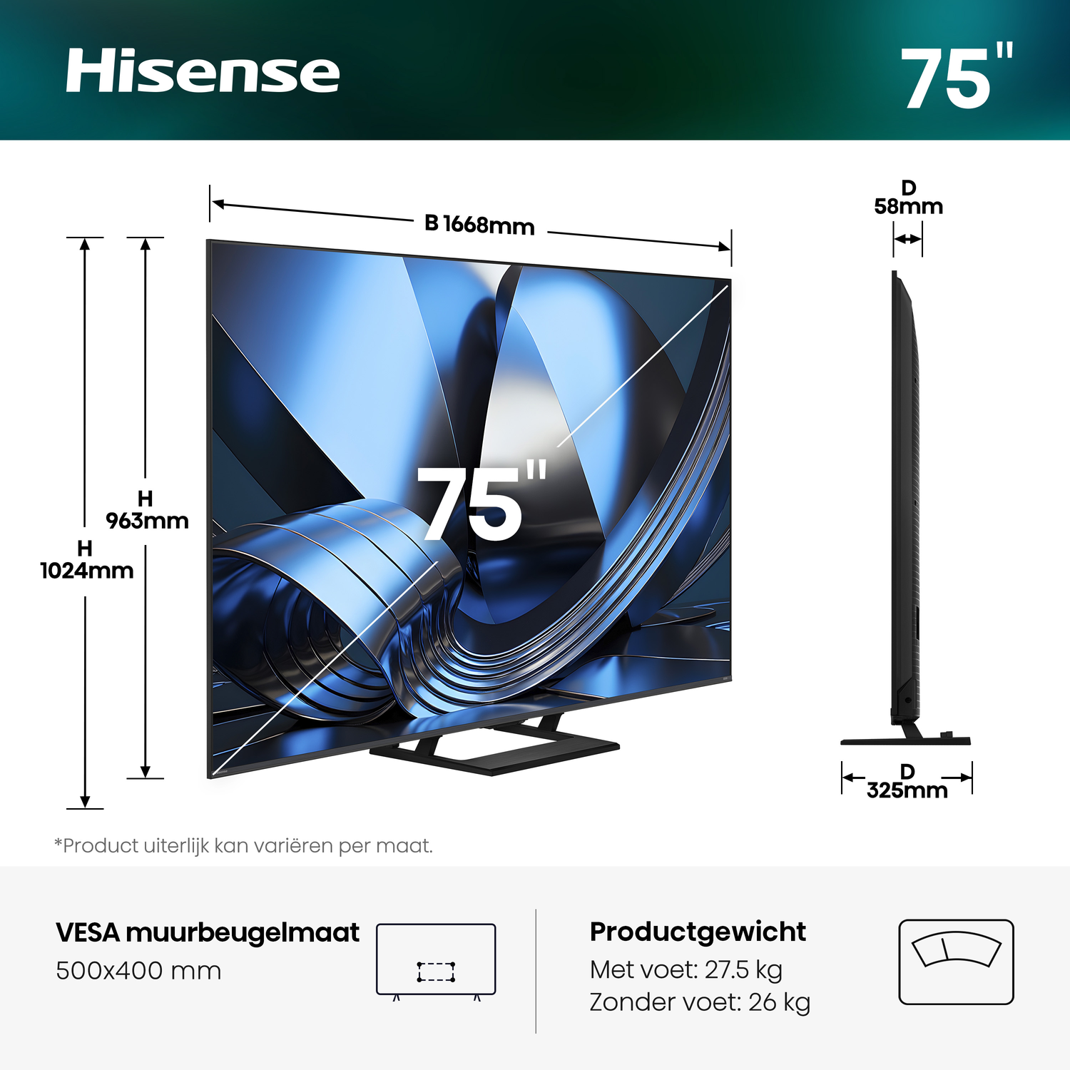 Hisense 75" TV afmetingen: 1668mm B, 1024mm H, 58mm D. VESA 500x400.