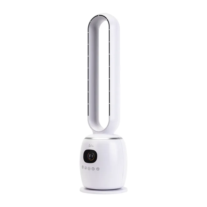 Un moderno ventilador de torre blanco con cuerpo ovalado delgado y pantalla digital.