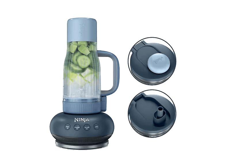 Batidora de vaso - Ninja BlendBOSS DB351EUCY, 1100 W, 650 ml, 3 Programas inteligentes Auto-iQ, Vaso portátil, Ciberespacio