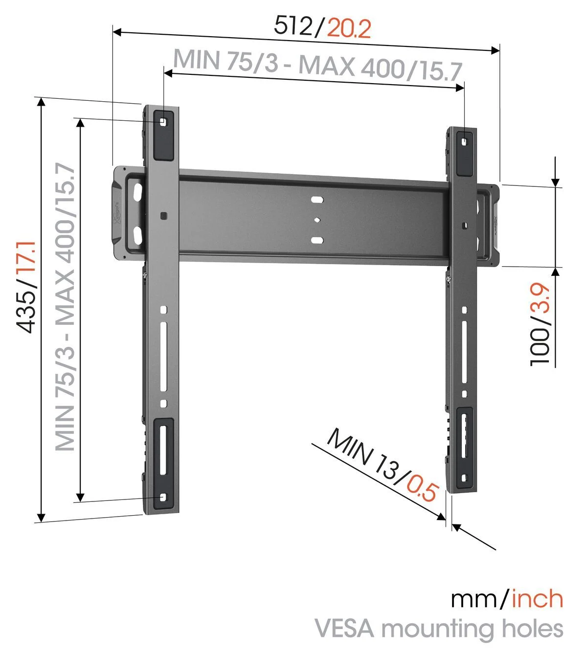 Soporte VESA gris con dimensiones: 512/20,2, 435/17,1, 100/3,9.