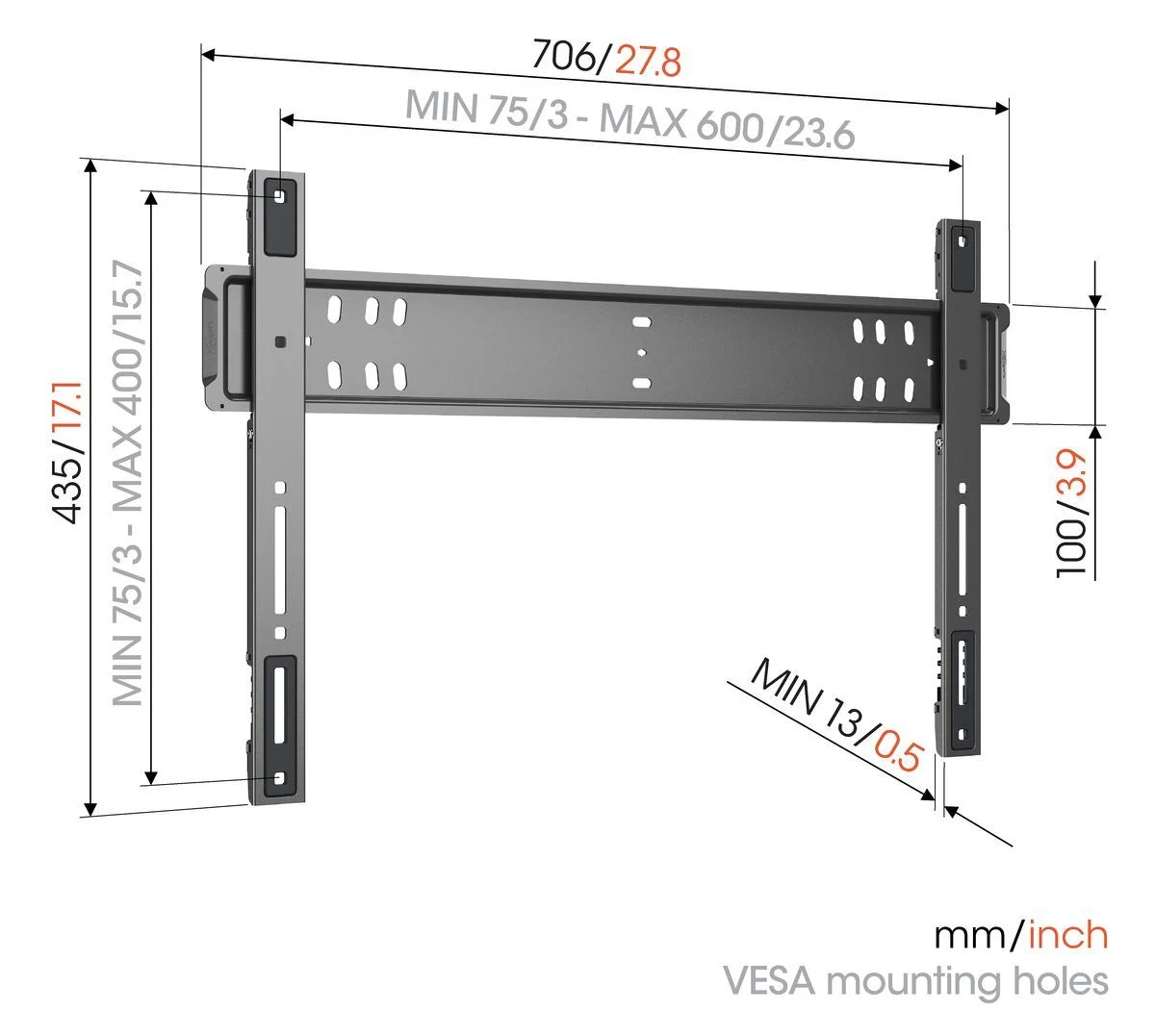 Un soporte de pared con dimensiones y agujeros de montaje VESA.