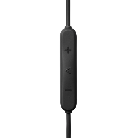 Controlador de auriculares negros in-ear con botones de volumen y reproducción.