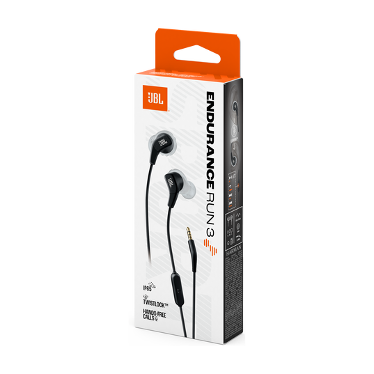 Auriculares JBL Endurance Run 3 en caja con cable y conector.