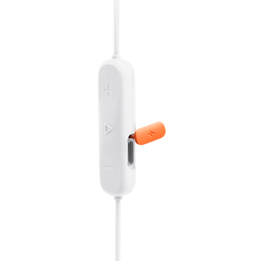 Control remoto blanco para auriculares con botones de volumen y reproducción y deslizador naranja.