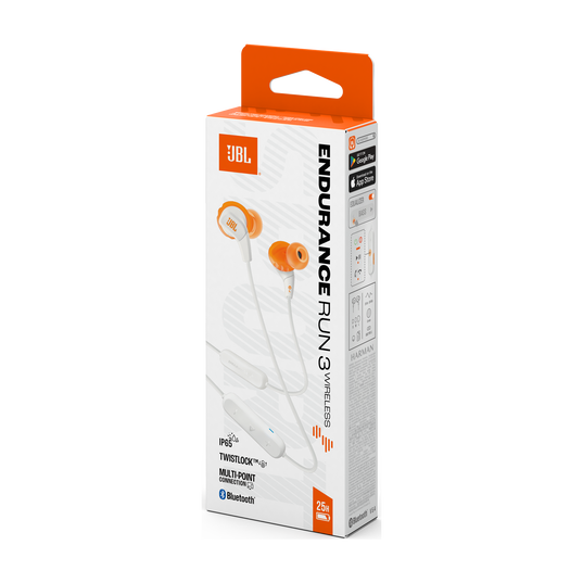 Auriculares inalámbricos JBL Endurance Run 3 en naranja y blanco sobre una caja blanca.