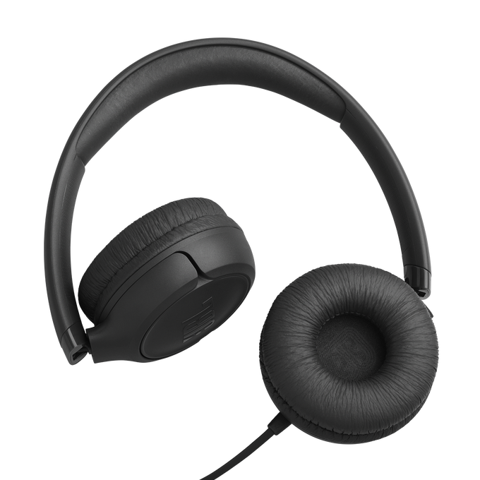 Auriculares negros con almohadillas acolchadas y diadema ajustable. Conexión por cable.