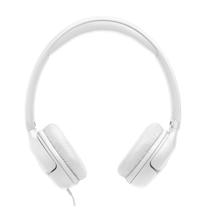 Auriculares blancos con almohadillas acolchadas y diadema ajustable.
