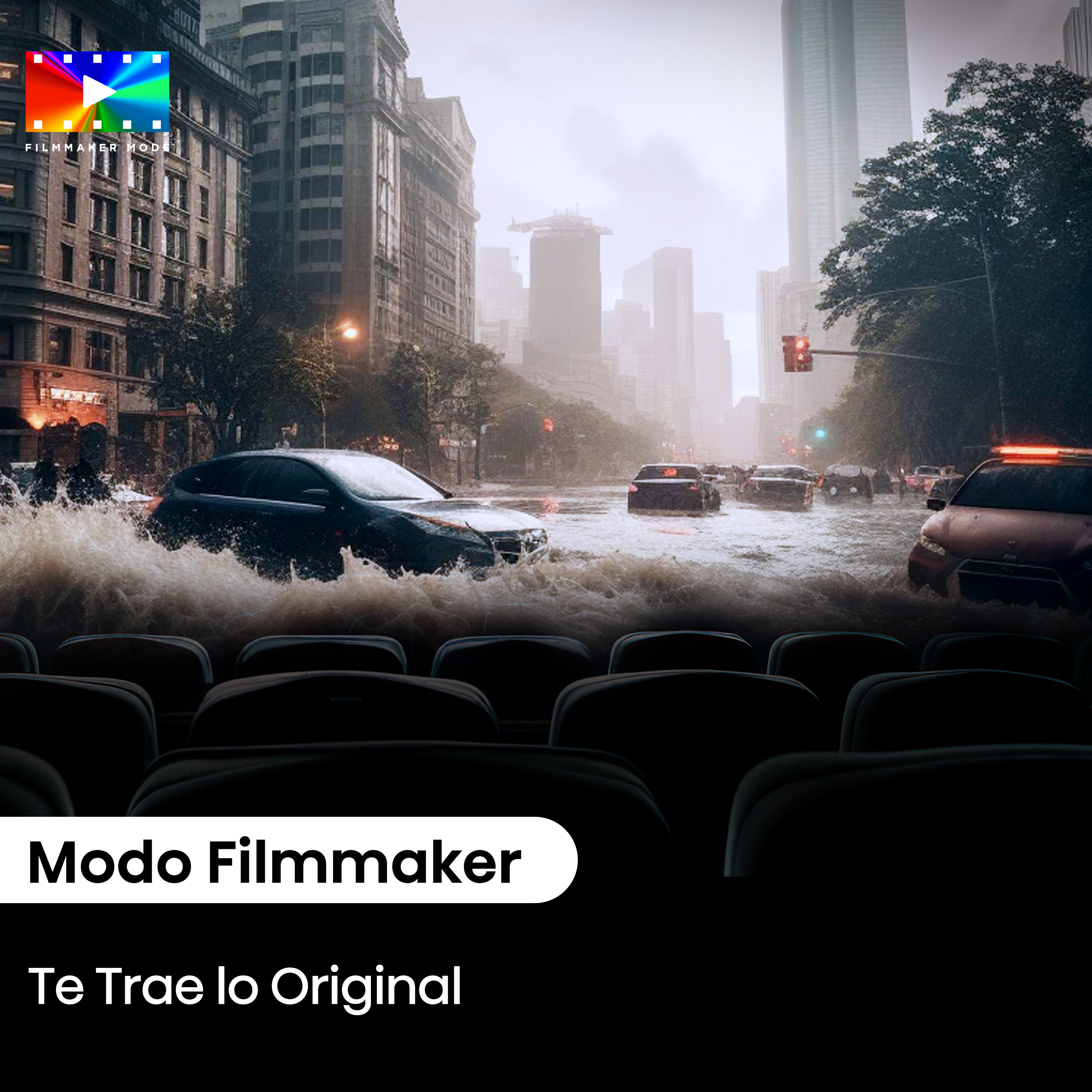 Coches circulan por calles inundadas de la ciudad, con asientos de cine al frente.