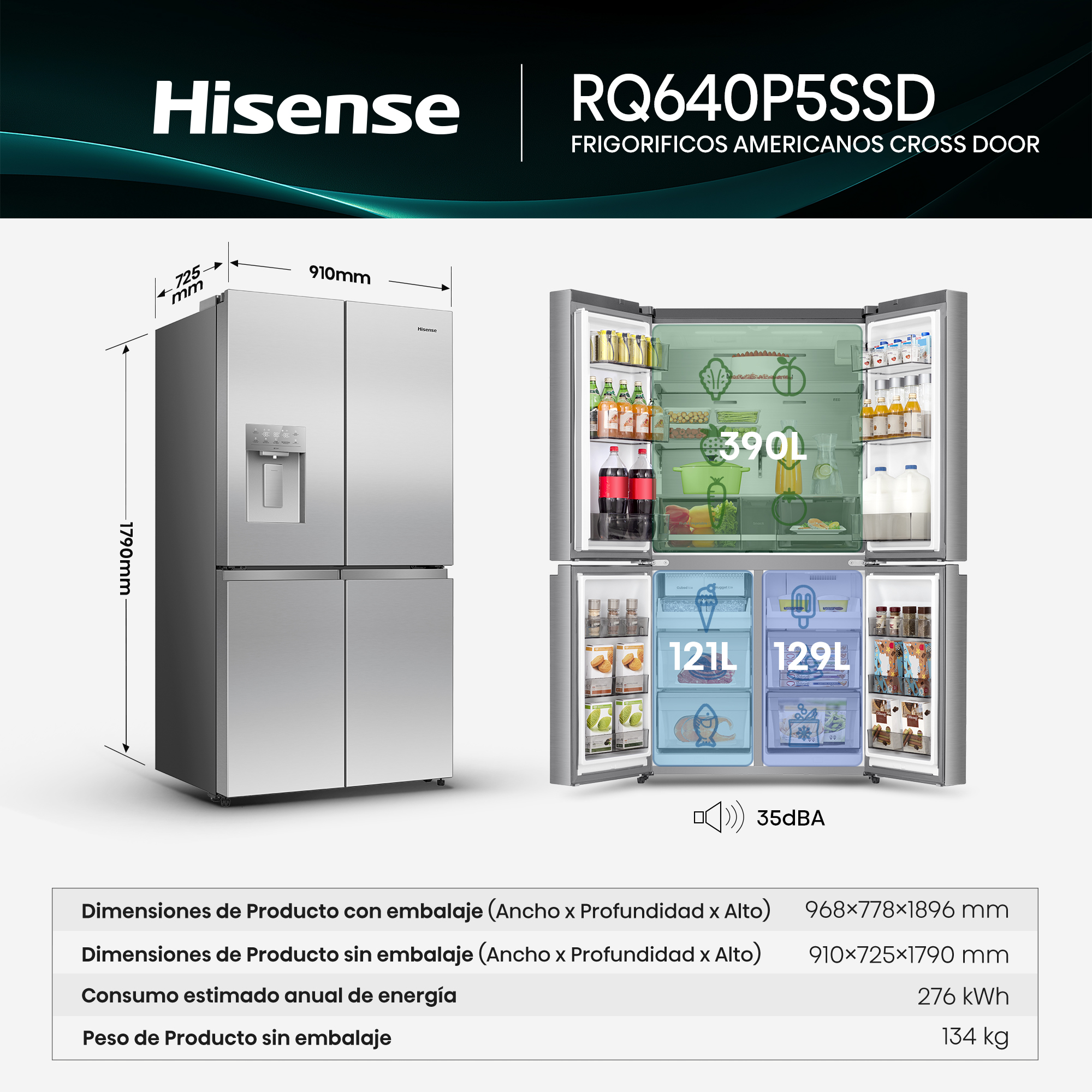 Refrigerador Hisense plateado de cuatro puertas, dimensiones y vista interior con alimentos.