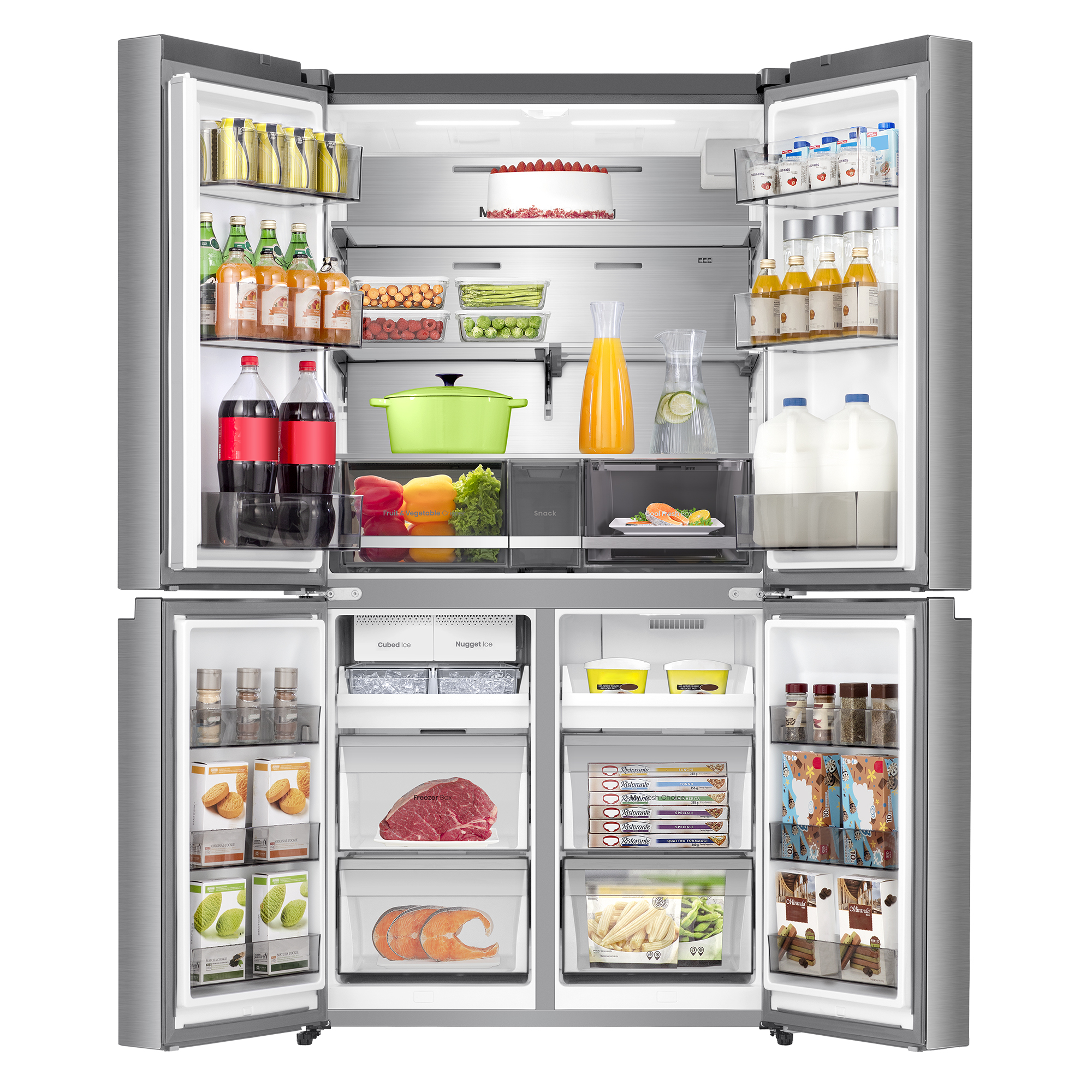 Un refrigerador abierto lleno de bebidas, verduras, frutas, carne, pescado y hielo.