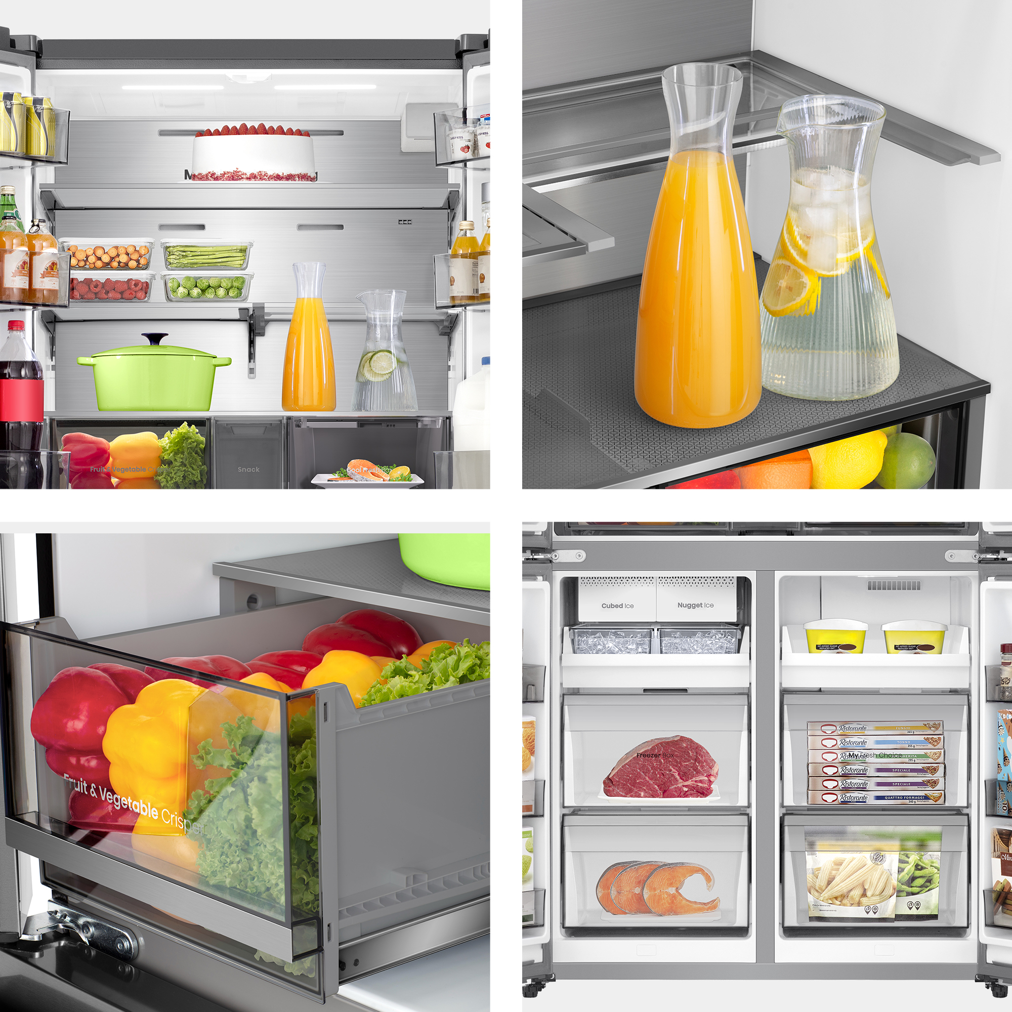 Un refrigerador lleno de comida: pastel, frutas, verduras, bebidas, carne, pescado y hielo.