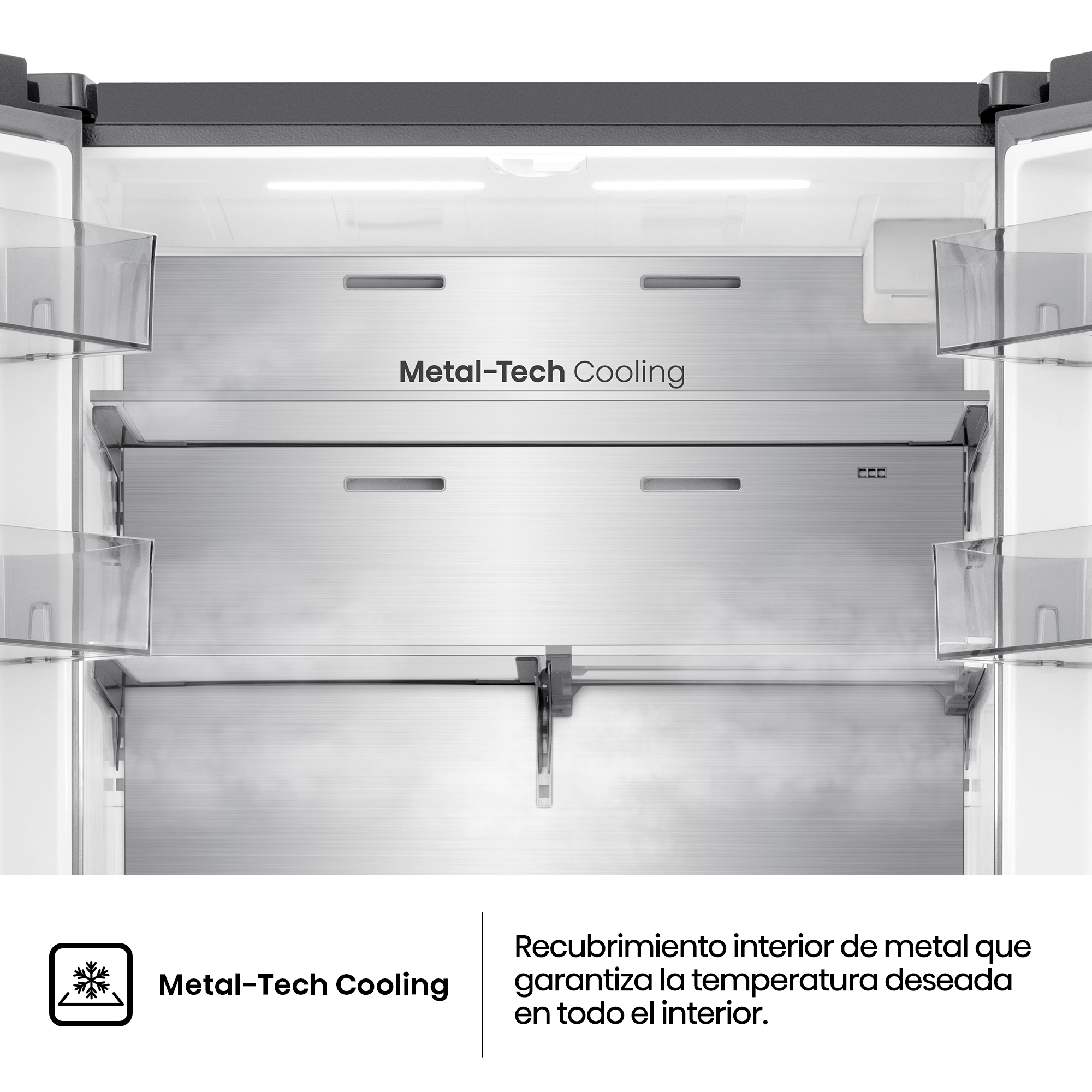 Interior de un refrigerador con estantes de metal e iluminación LED.
