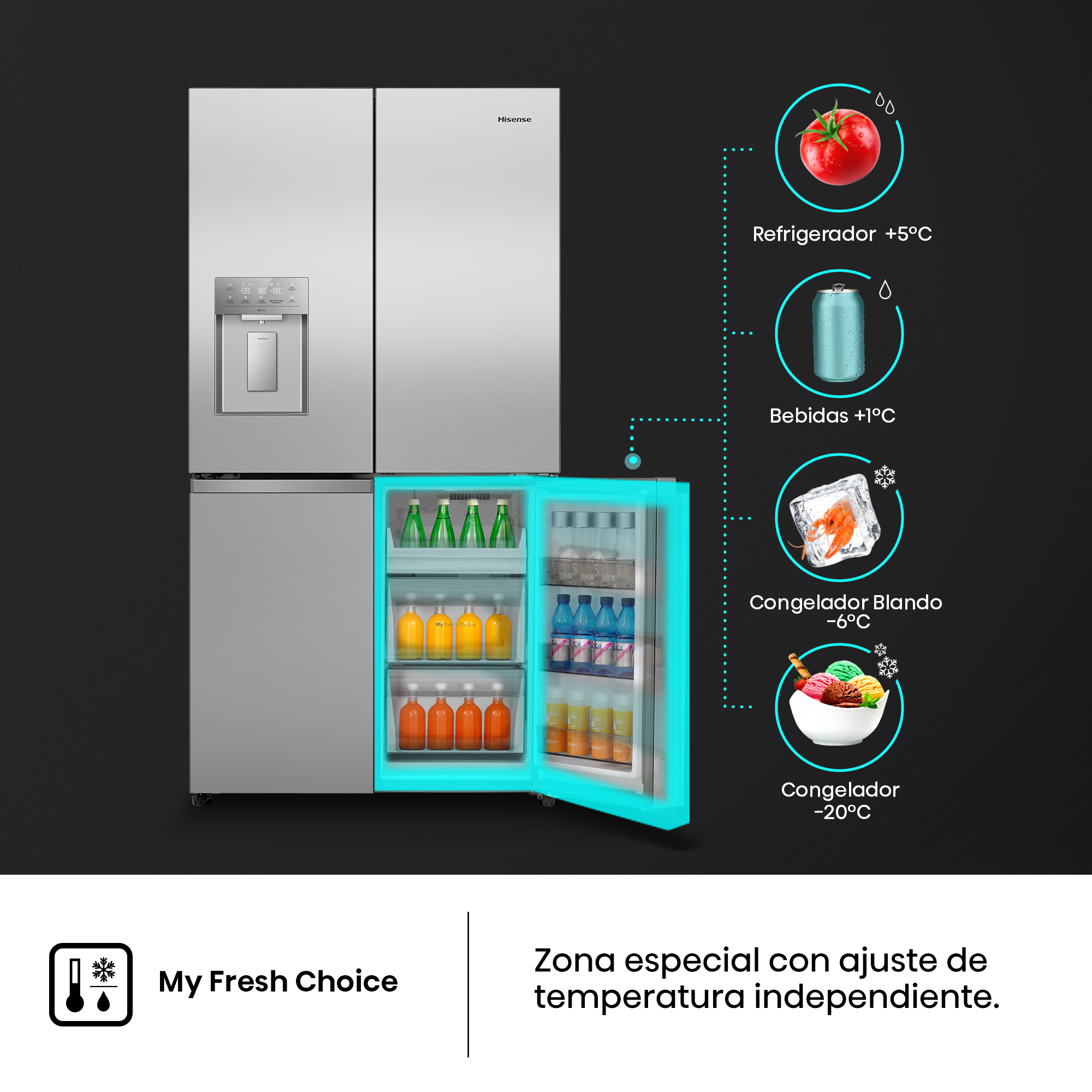 Un refrigerador plateado con puerta abierta, abastecido con bebidas y alimentos.
