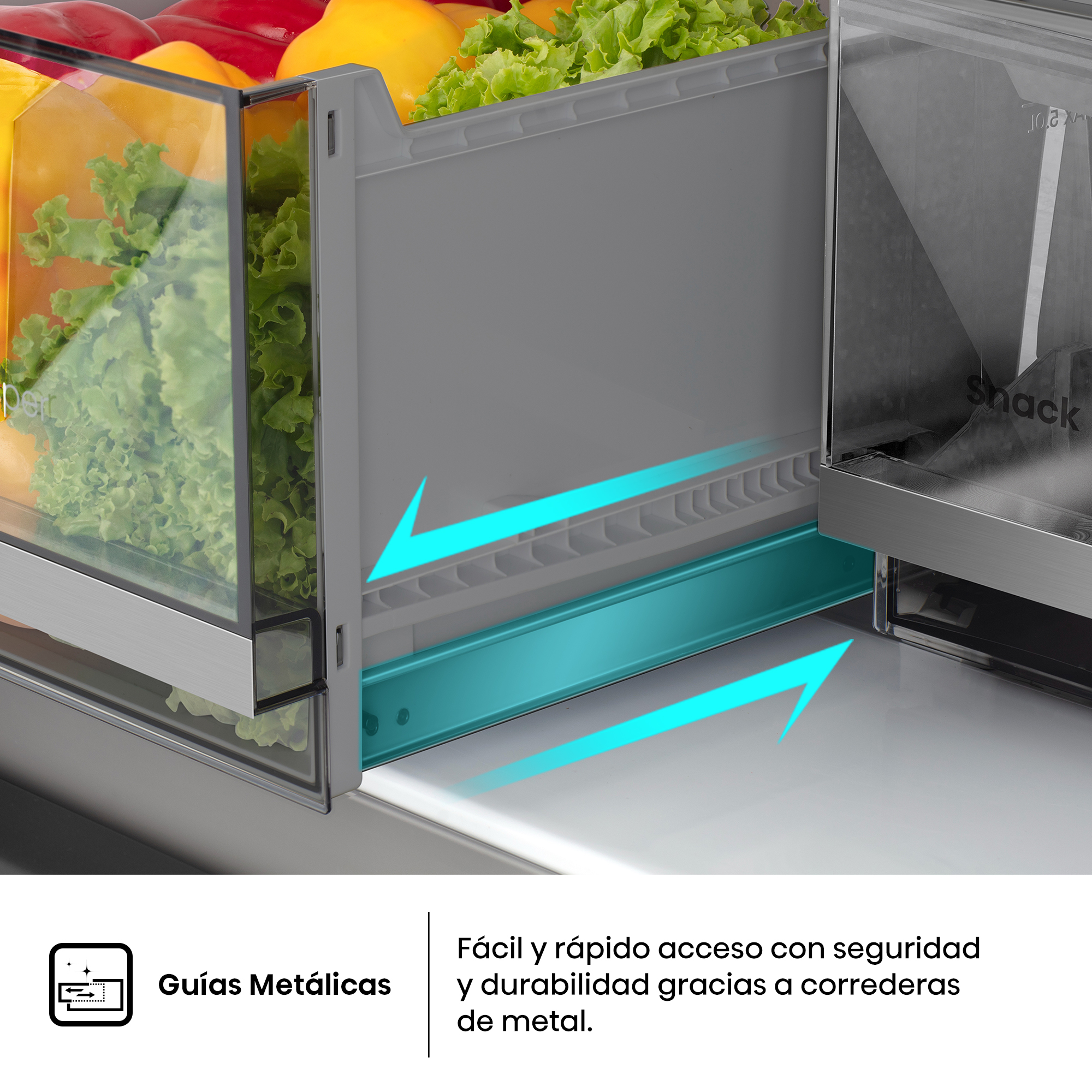 Verduras en cajones de refrigerador con guías metálicas, flechas indican movimiento.