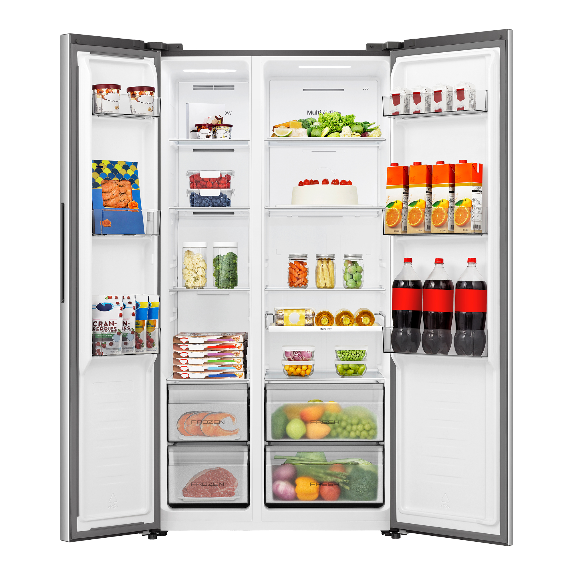 Un refrigerador abierto lleno de comida, incluyendo frutas, verduras, bebidas y alimentos congelados.