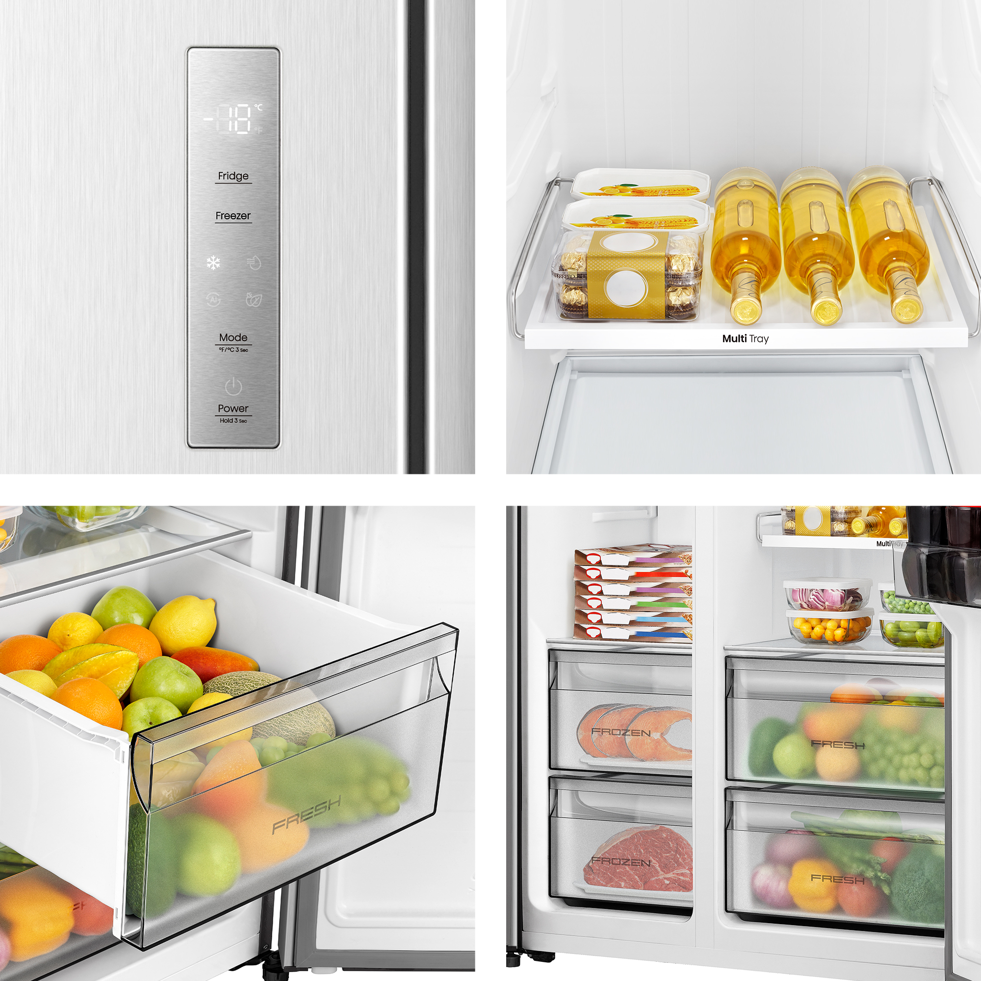 Refrigerador con frutas y verduras frescas en cajones y carne congelada.