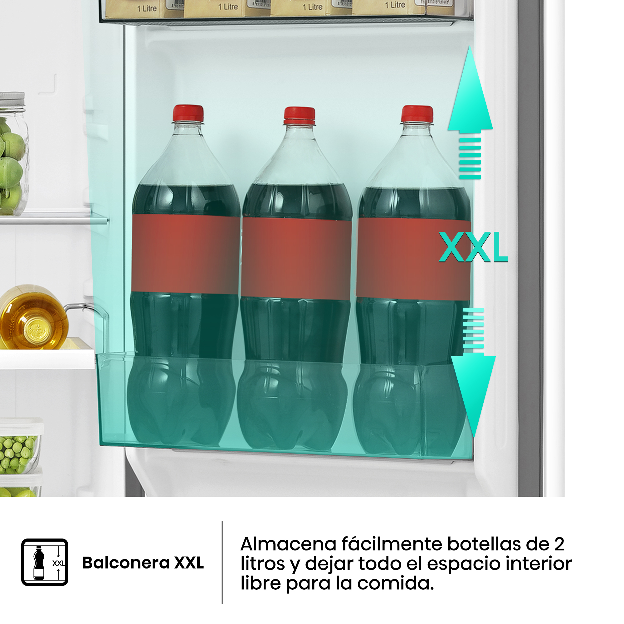 Estante de refrigerador con tres botellas de 2L y una botella de vino.