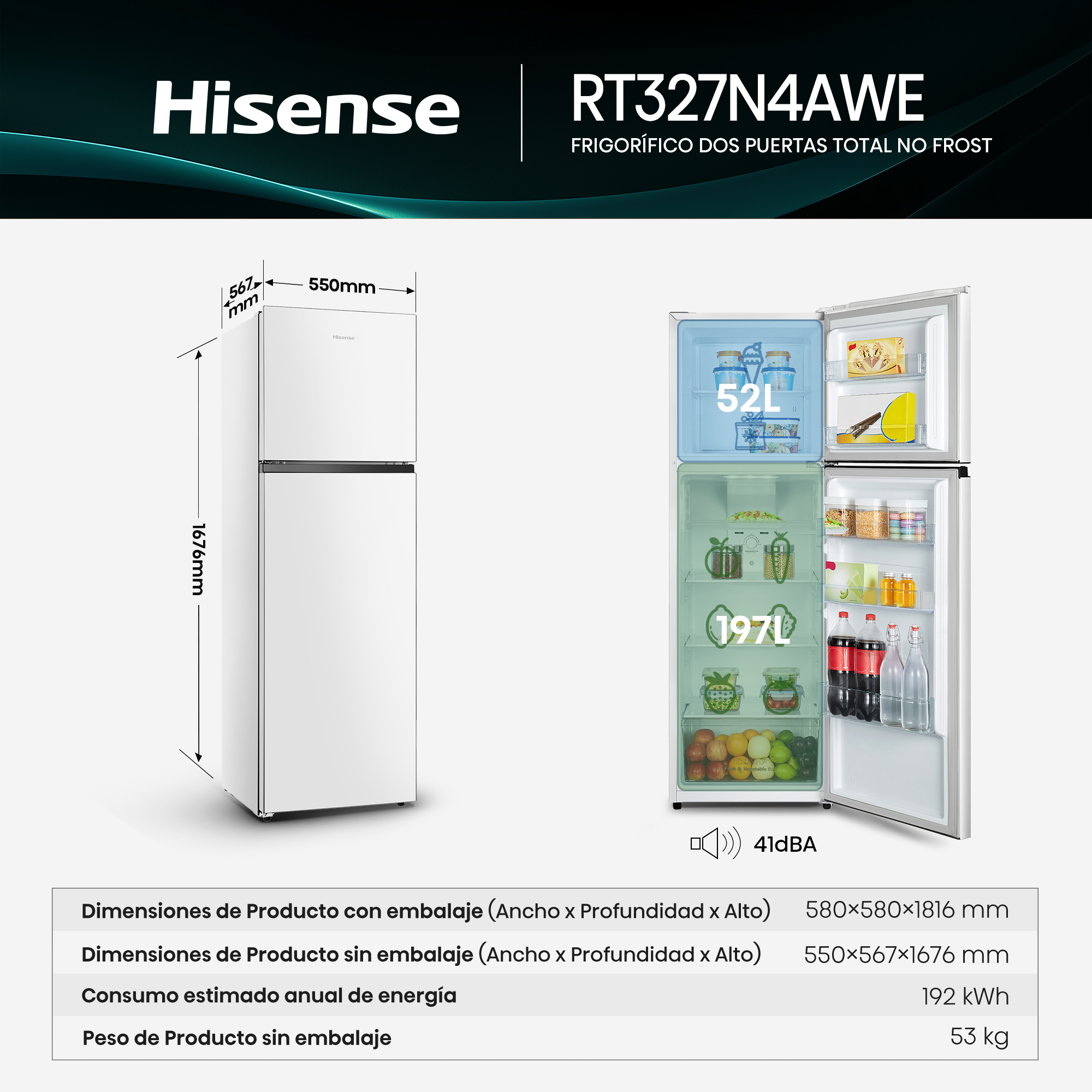 Un refrigerador Hisense blanco de dos puertas, abierto mostrando contenido y medidas.