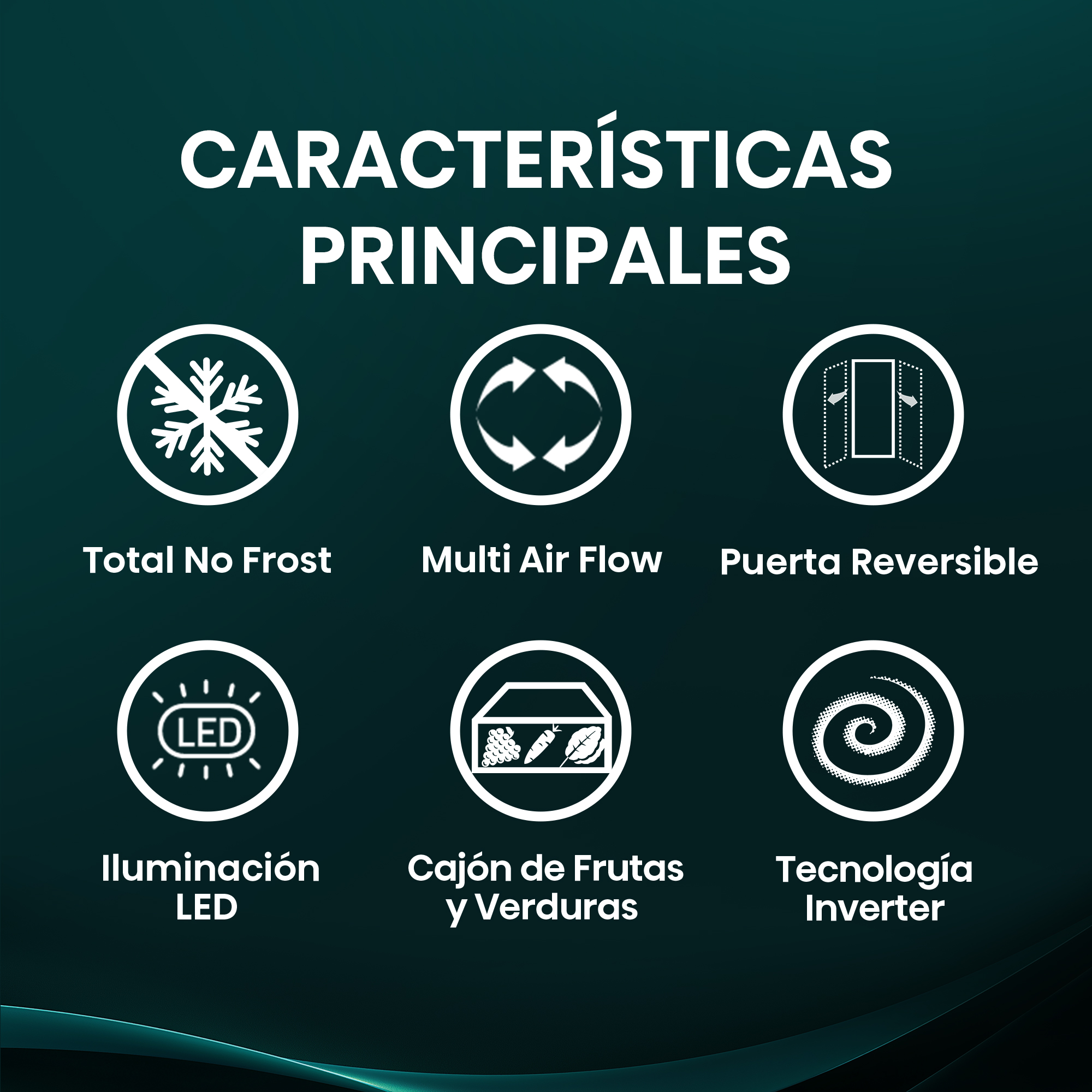 Gráfico con 6 iconos: Sin Escarcha, Flujo de Aire, Puerta, Luz LED, Cajón Verduras.