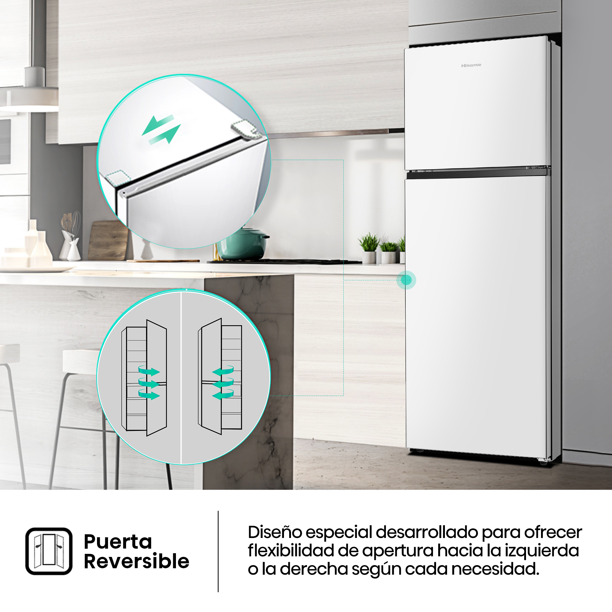 Un refrigerador Hisense blanco con puerta reversible en una cocina.