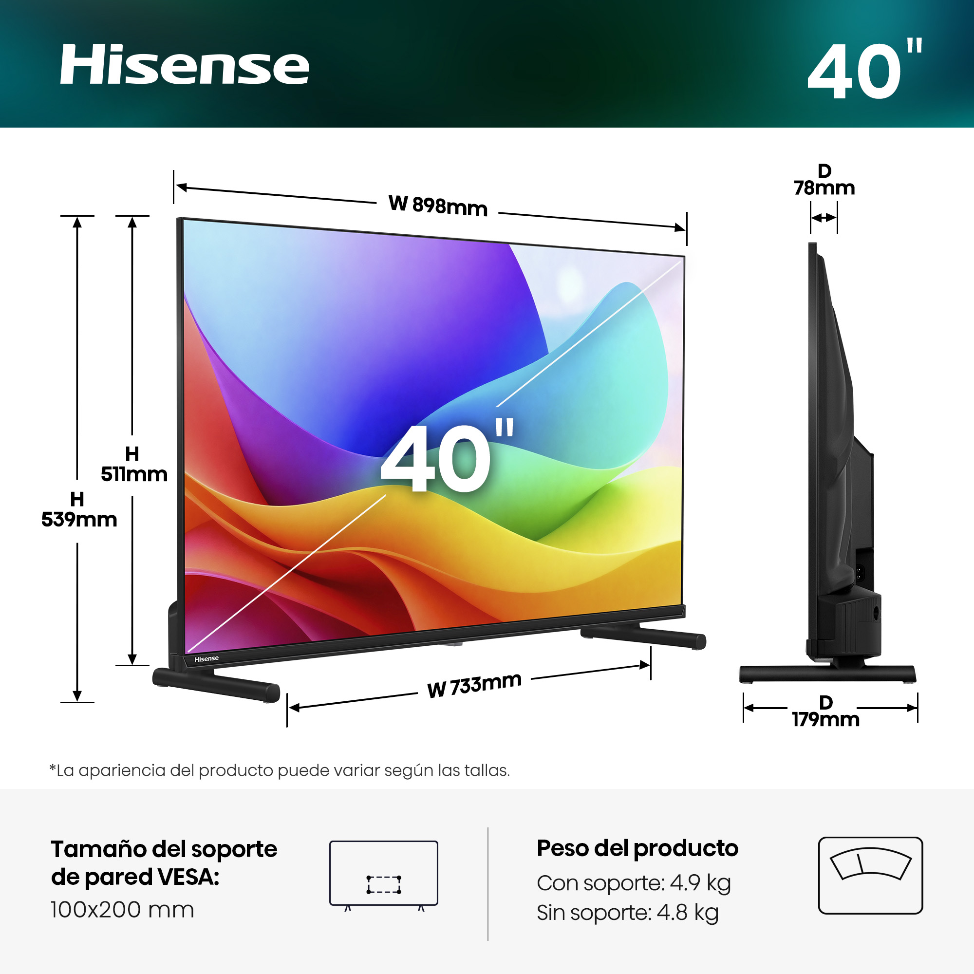 TV Hisense de 40 pulgadas con dimensiones y tamaño VESA.
