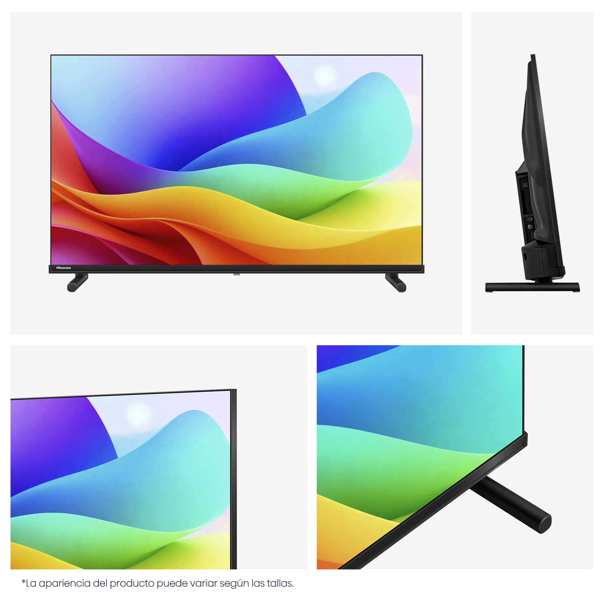 Un televisor moderno muestra ondas coloridas en pantalla con bisel y soporte.