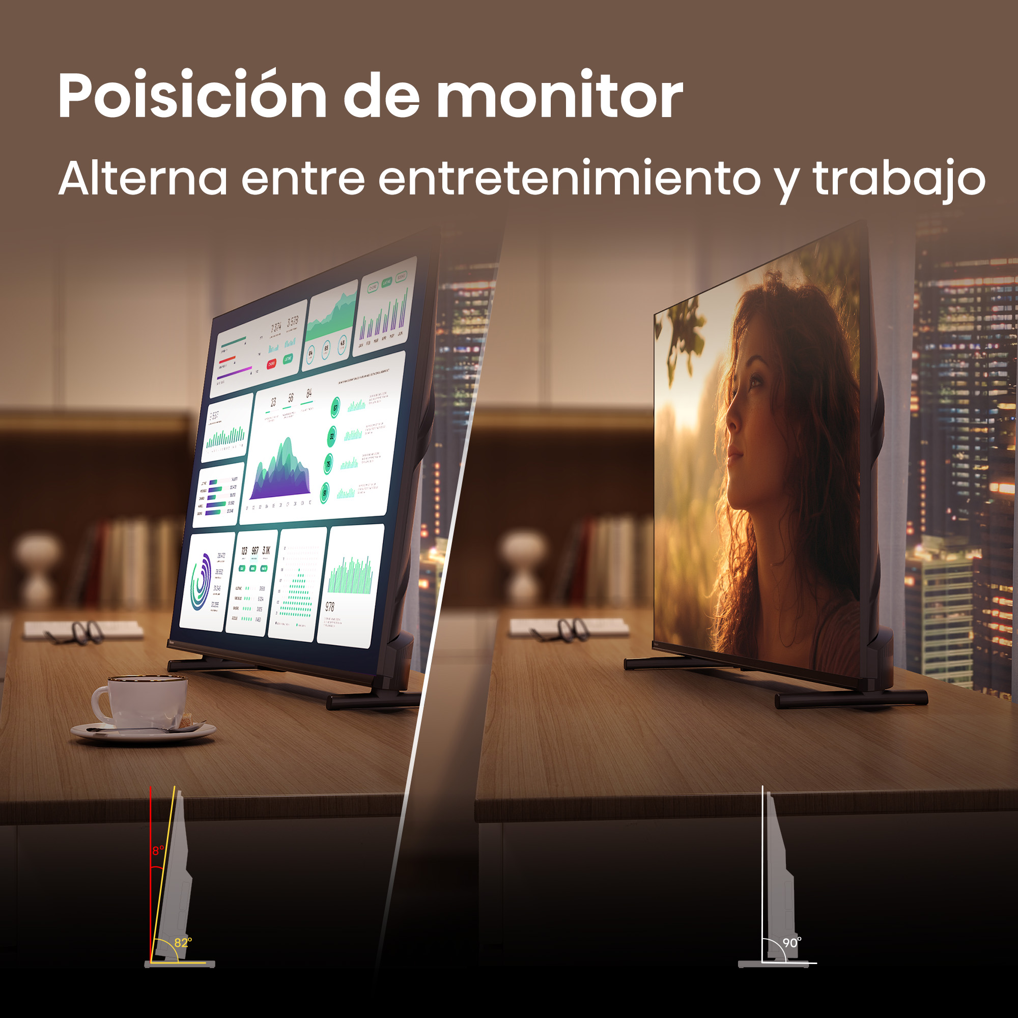 Dos posiciones de monitor: izquierda con gráficos (inclinación 8°), derecha con mujer (inclinación 90°).