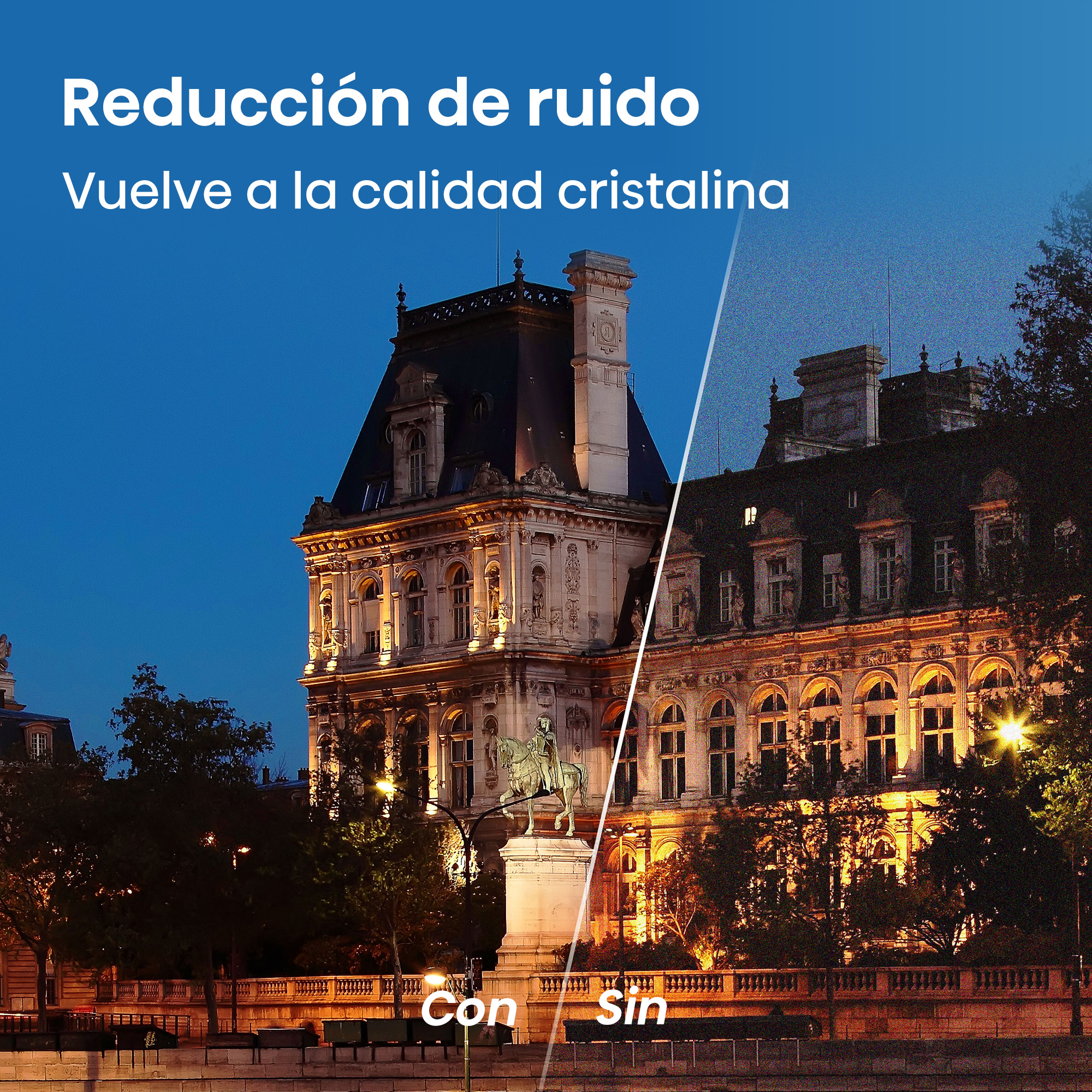 Edificio con estatua ecuestre, claro a la izquierda, ruidoso a la derecha.