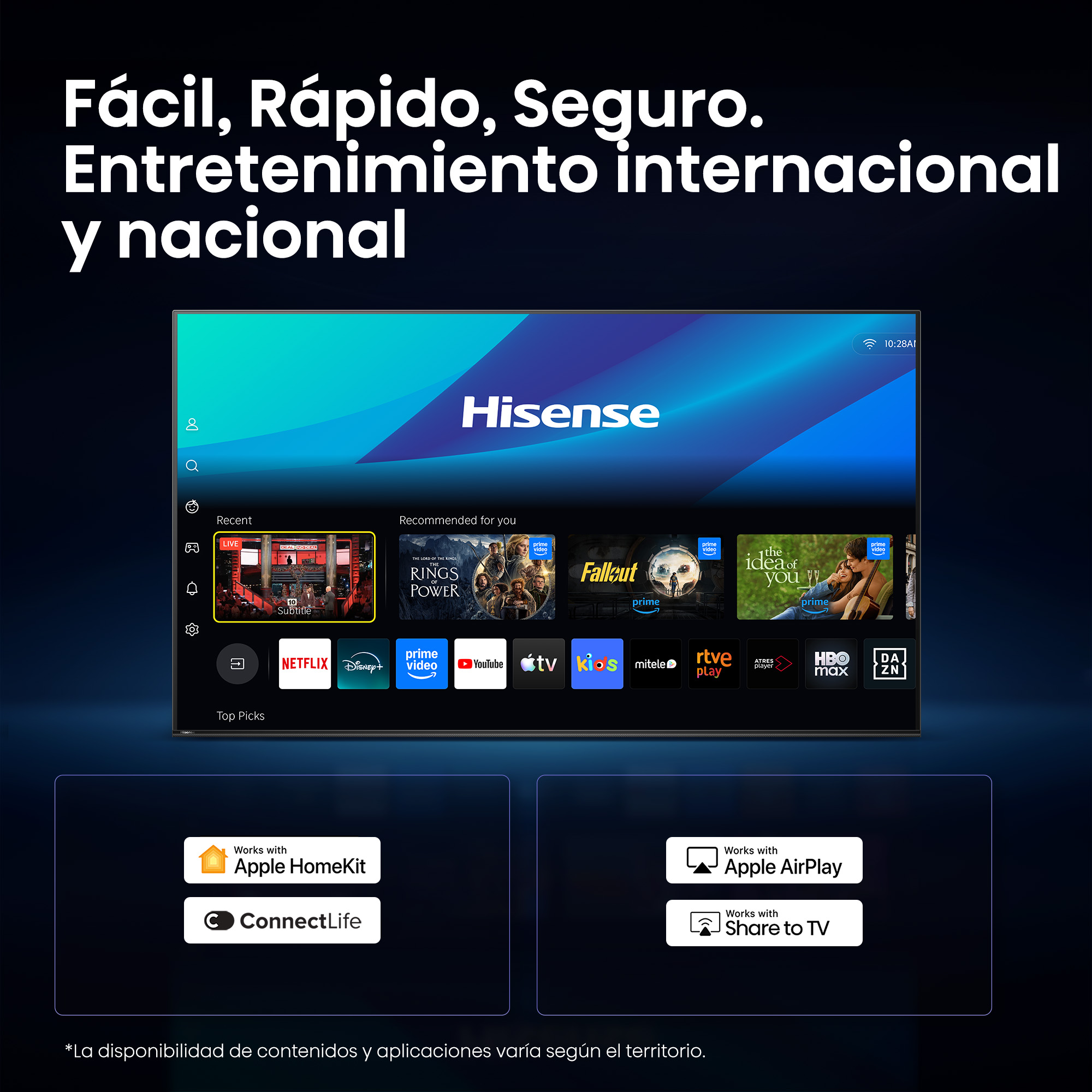 Smart TV Hisense con apps: Netflix, Prime Video, Disney+. Apple Homekit.