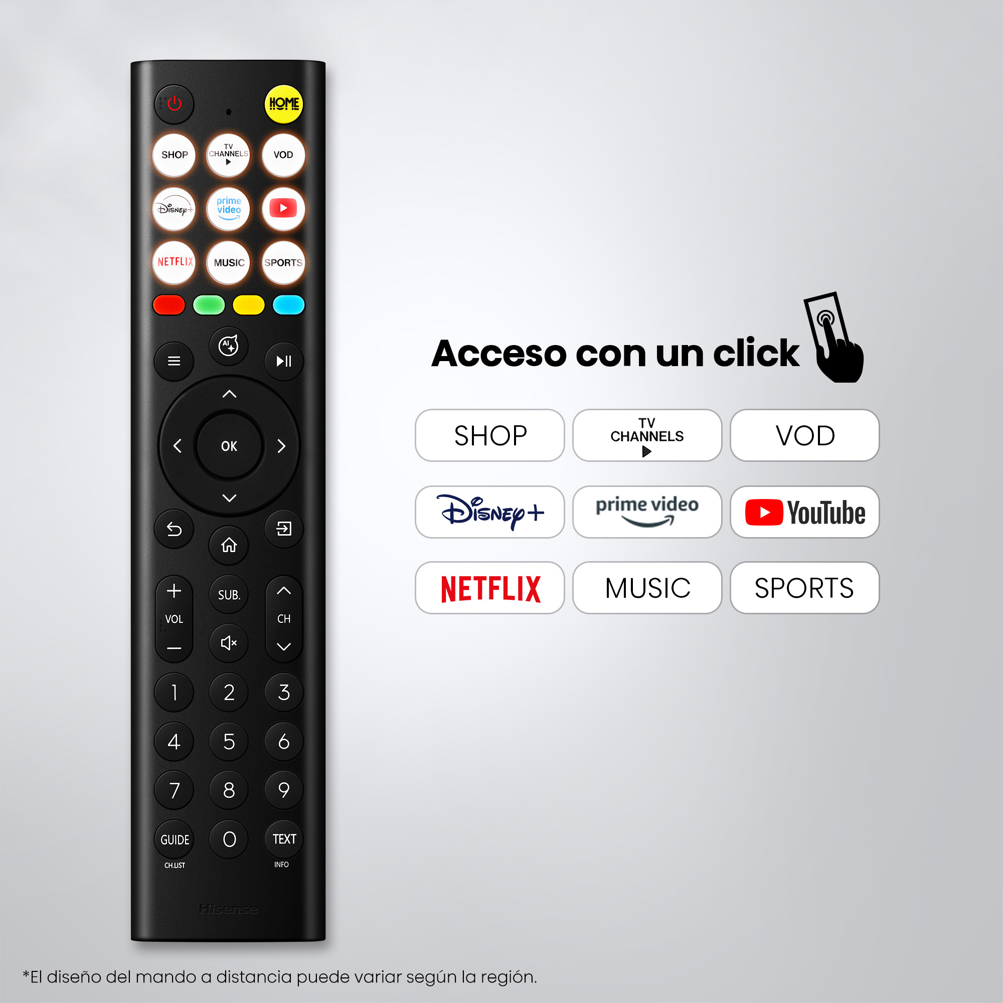 Un mando a distancia negro con iconos de aplicaciones como Netflix, Disney+, YouTube.