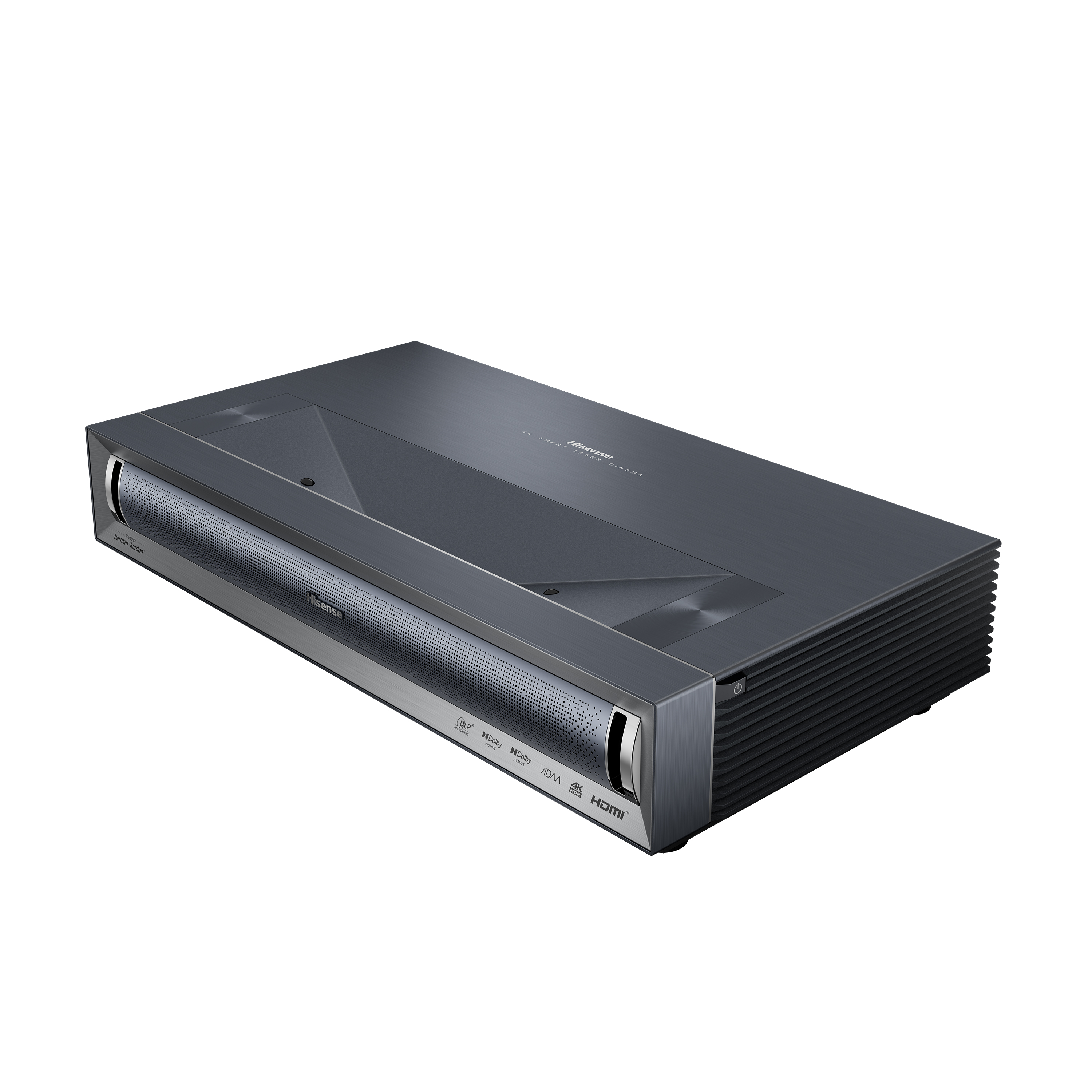 Un proyector Hisense Laser Cinema oscuro con rejilla de altavoz y puertos.