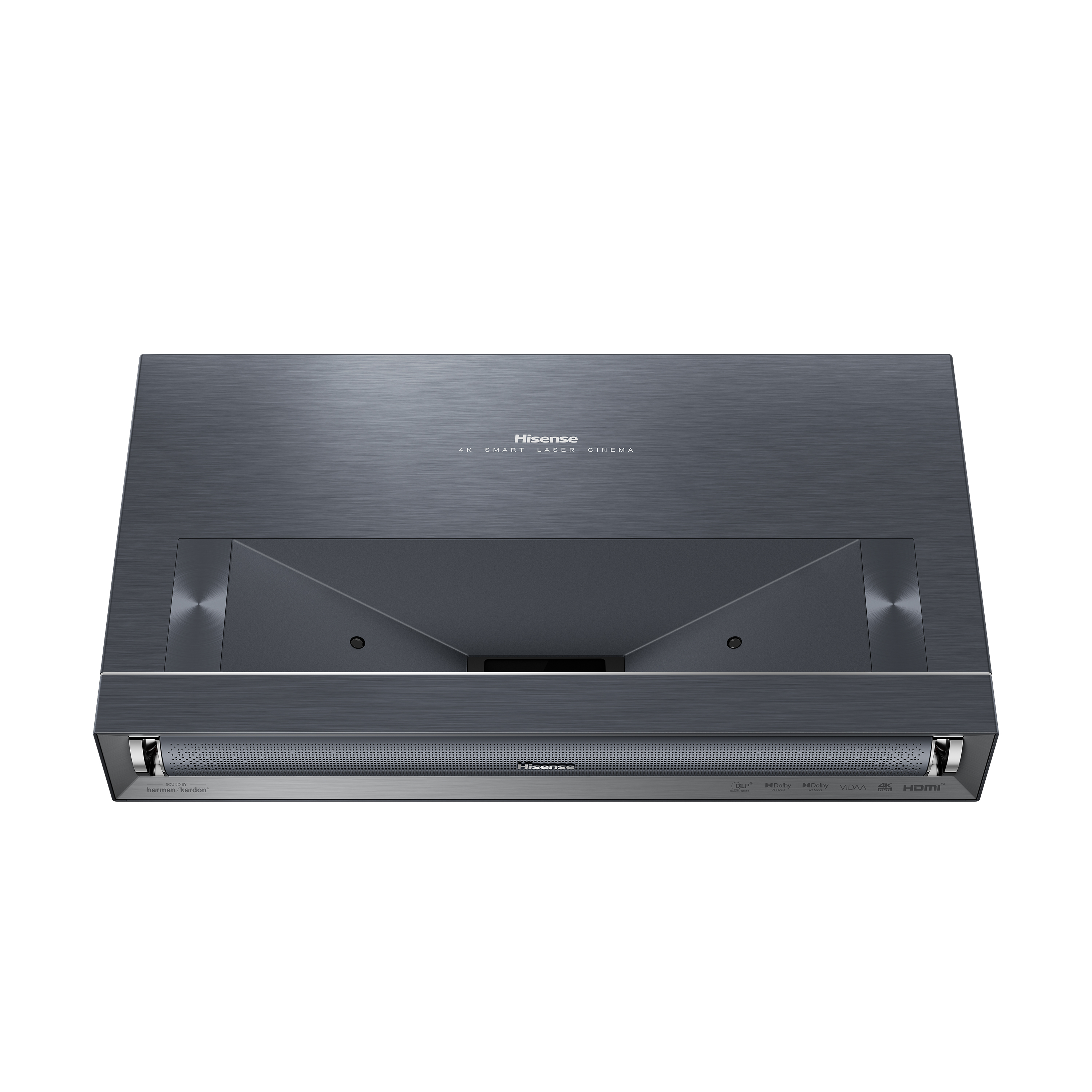 Un proyector Hisense 4K Smart Laser Cinema oscuro con sonido Harman Kardon.