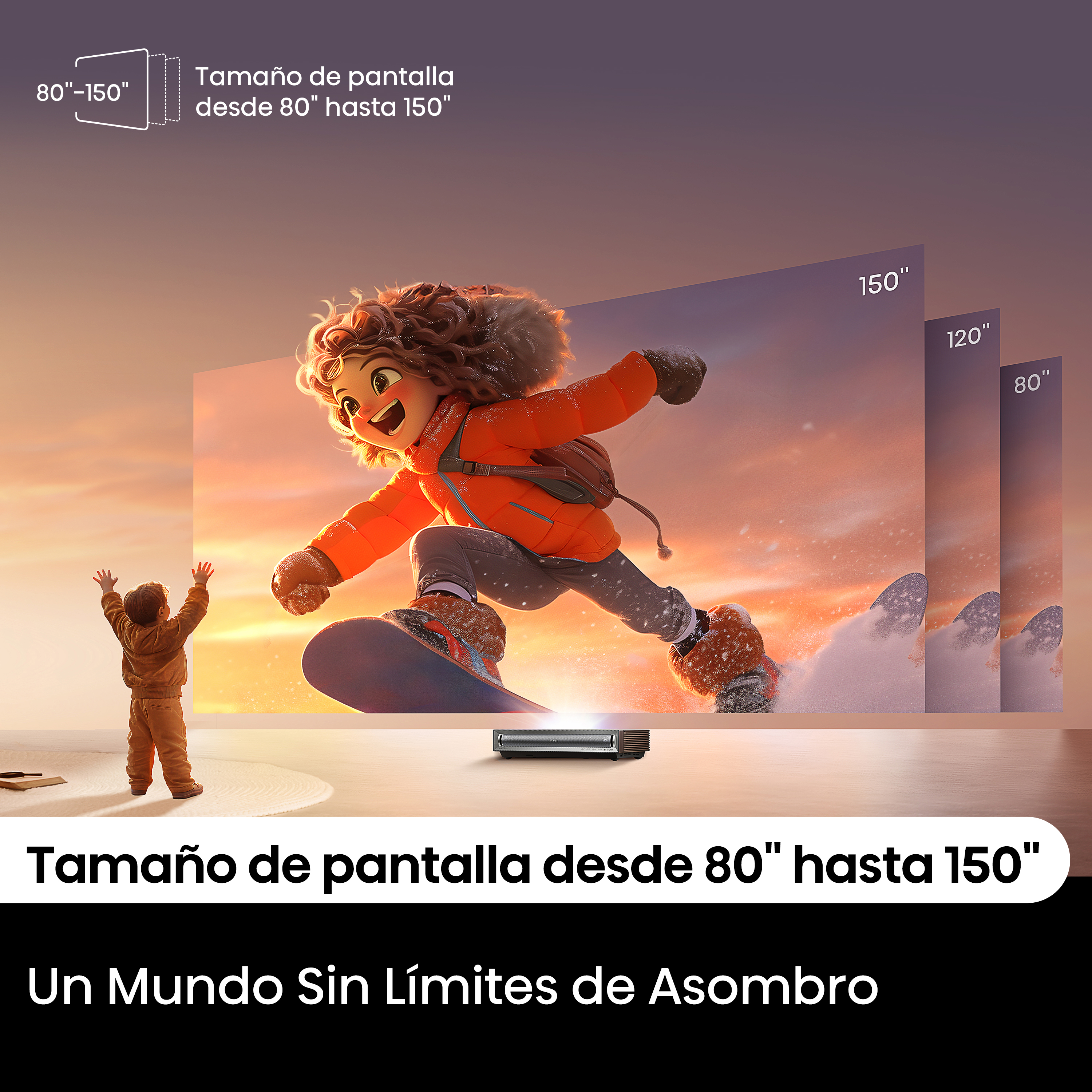 Un niño mira una película proyectada con un personaje en una tabla de snowboard.