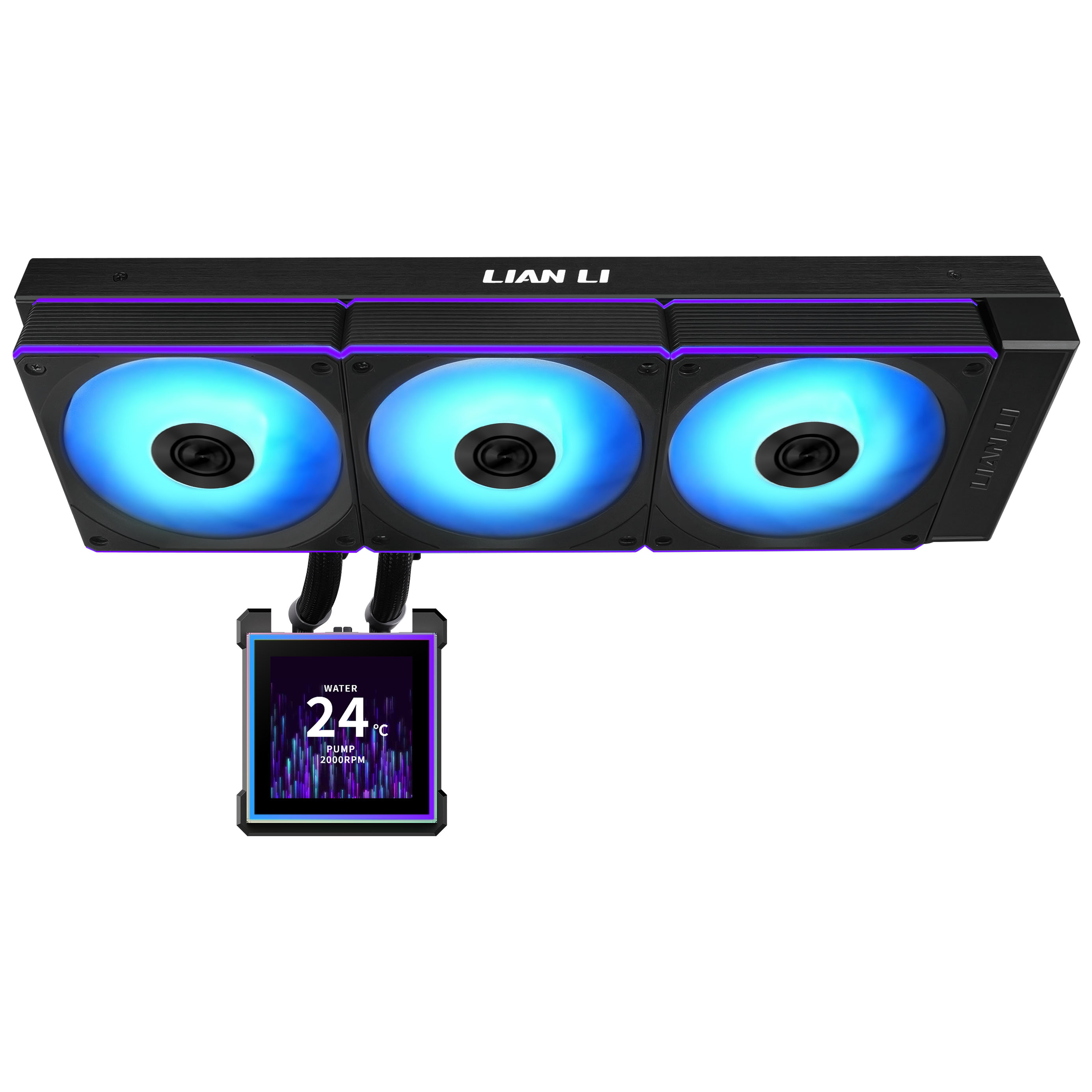 Ein schwarzer Lian Li PC-Lüfter mit blauen LEDs und einem kleinen LCD-Bildschirm.