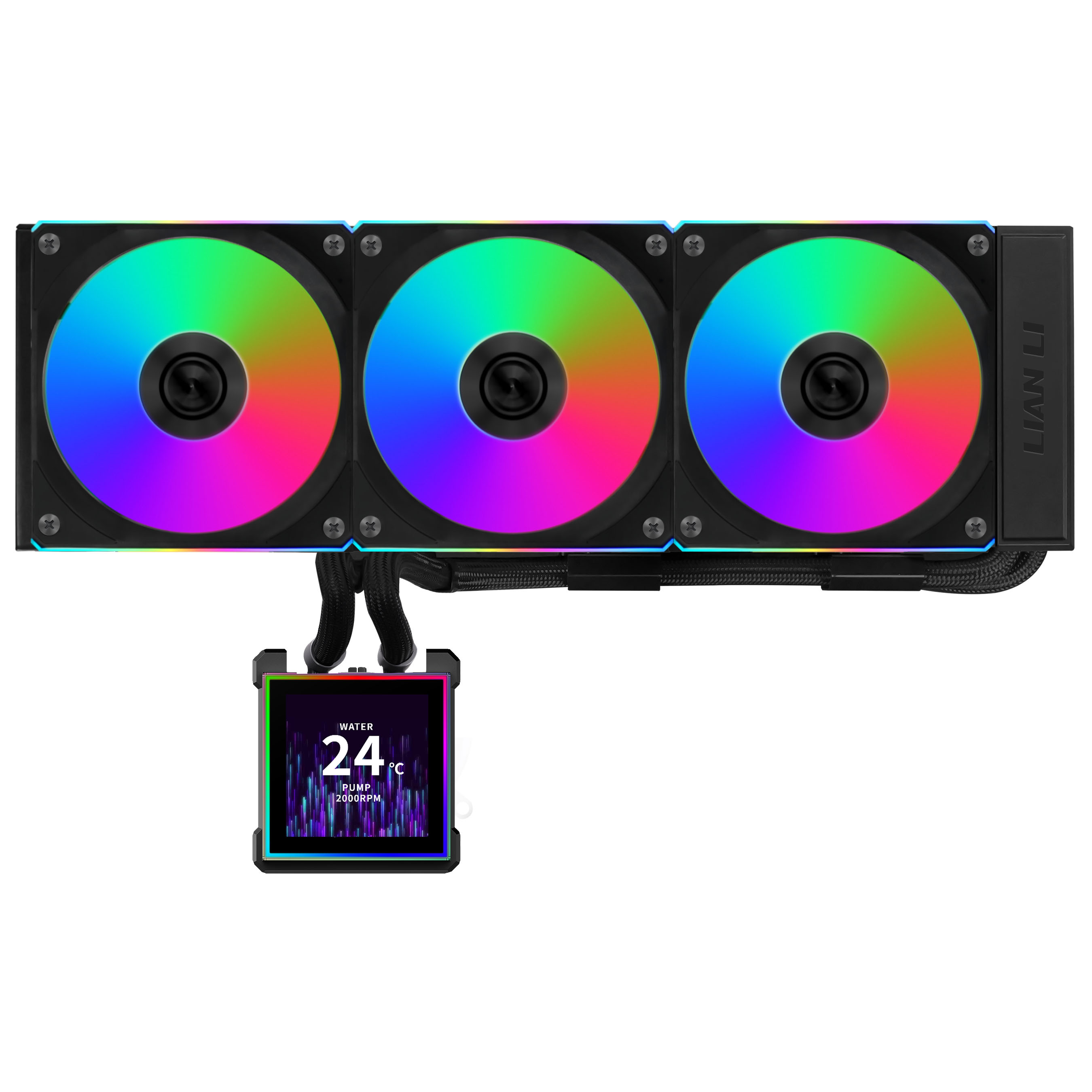 Ein schwarzer PC-Lüfter mit RGB-Beleuchtung und einem kleinen Display.