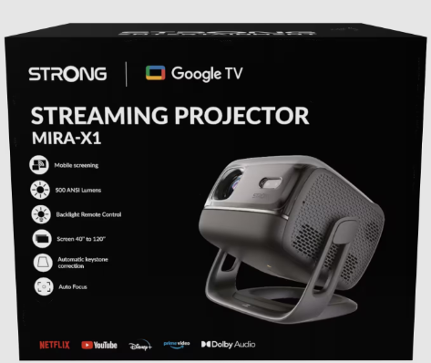 STRONG Google TV Streaming Projektor MIRA-X1 mit aufgelisteten Funktionen.