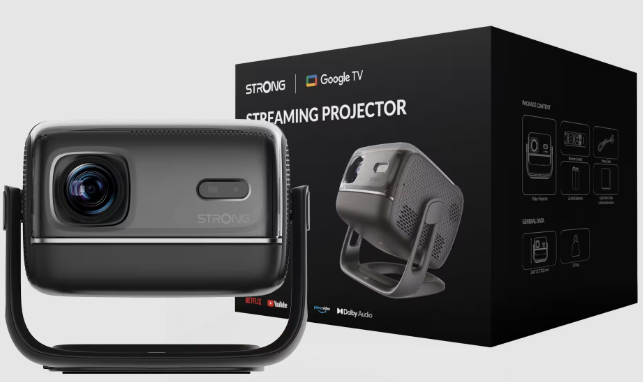Ein schwarzer Projektor mit Google TV und seine Verpackung.