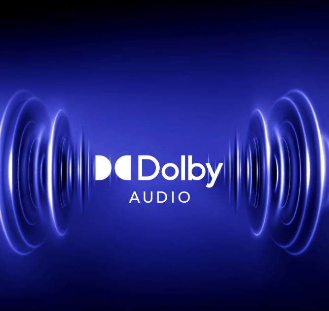 Dolby Audio Logo mit blauen Schallwellen.
