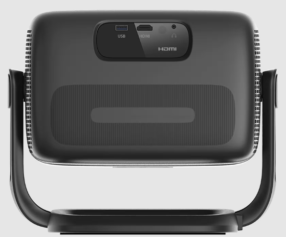 Ein schwarzer Projektor mit Anschlüssen für USB und HDMI.