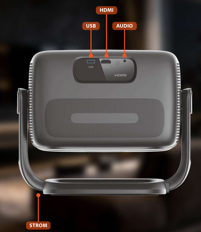 Ein grauer Projektor mit Anschlüssen: Strom, USB, HDMI und Audio.