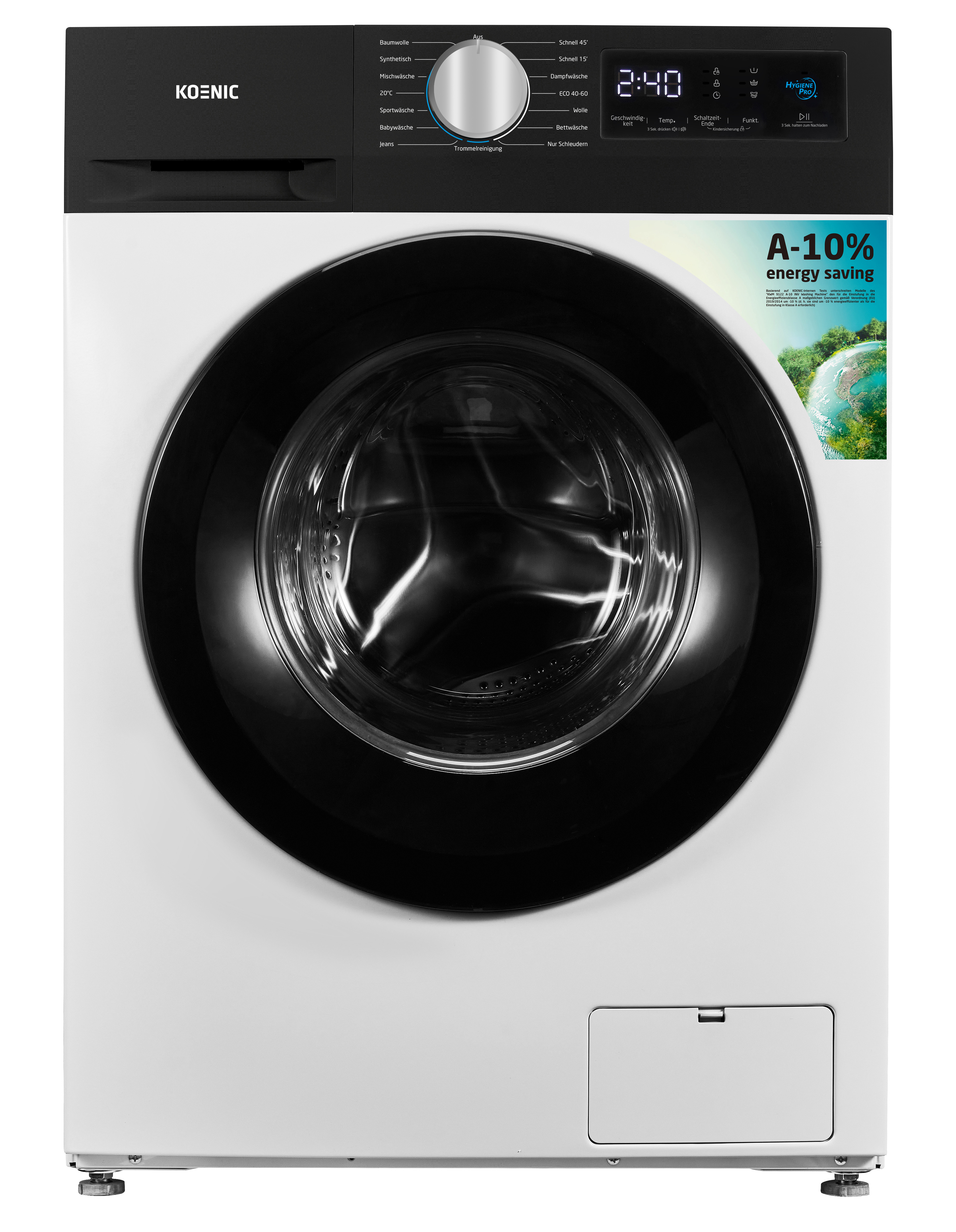 Weiße Waschmaschine mit schwarzer Tür und Bedienfeld. Energieeffizienzinformationen.