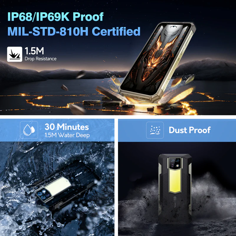Erős telefon: IP68/IP69K, MIL-STD-810H, 1,5m esés, víz- és porálló.