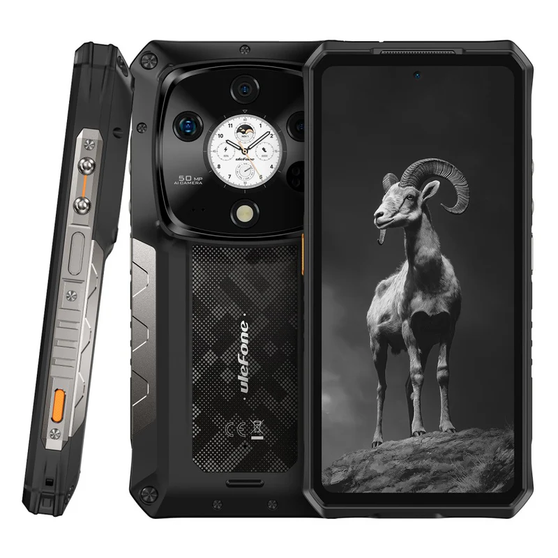 Masszív telefon hegyi kecskével a képernyőn, hátul kamerákkal. Oldalnézet.