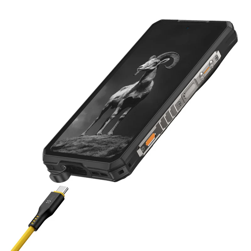 Fekete okostelefon kos képével a képernyőn, sárga USB-C kábel csatlakoztatása.