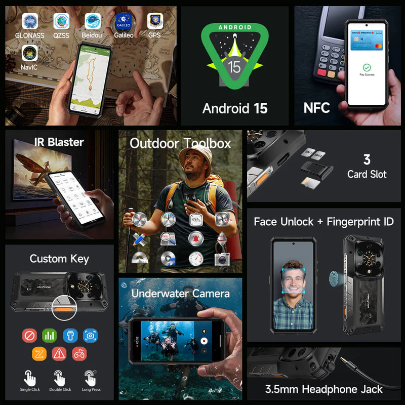 Okostelefon-funkciók kollázsa: navigáció, Android 15, NFC, IR-Blaster, kültéri szerszámosláda.
