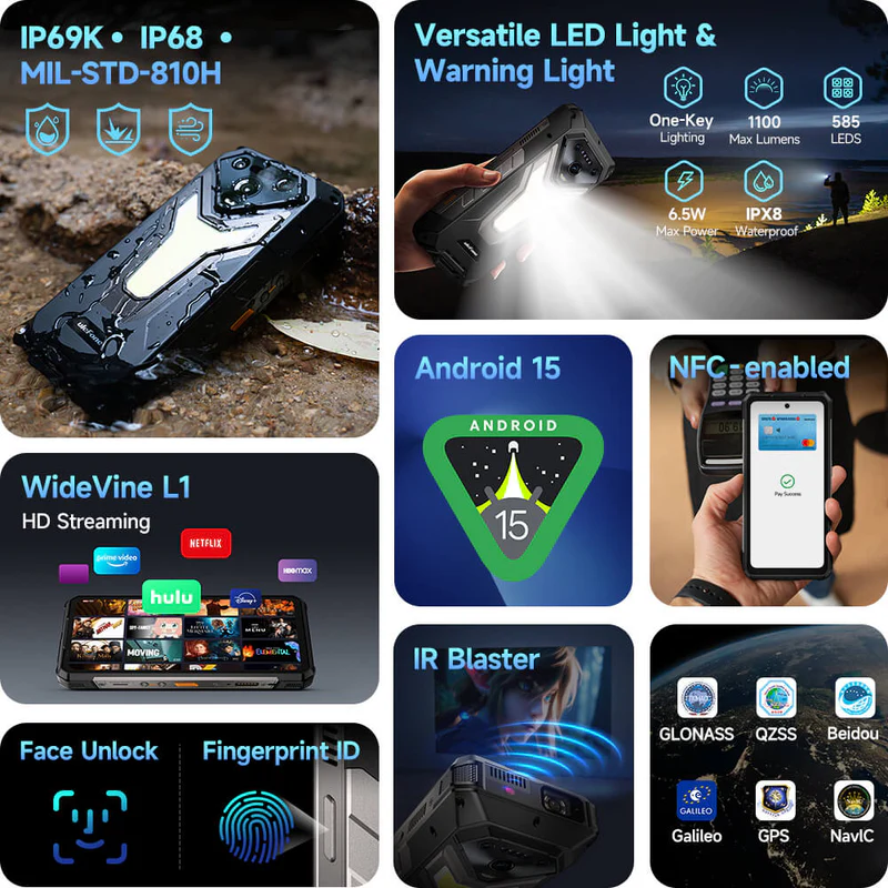 Robusztus okostelefon IP69K, IP68, MIL-STD-810H, Widevine L1, Android 15, NFC.