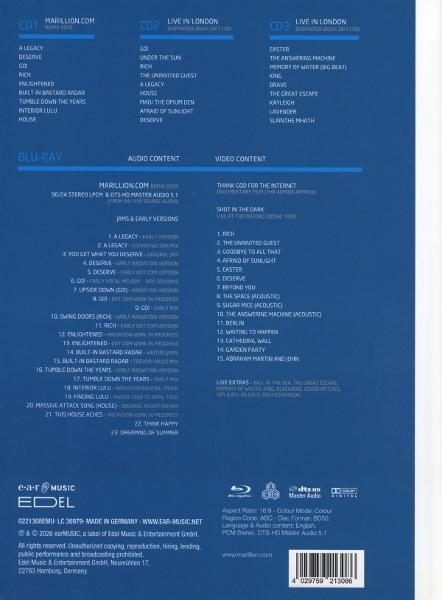 Rückseite eines Marillion-Albums mit CD- und Blu-ray-Inhalt und Details.