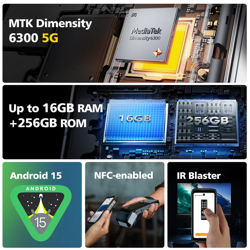 MTK Dimensity 6300 5G chip, akár 16GB RAM/256GB ROM, Android 15, NFC, IR Blaster.