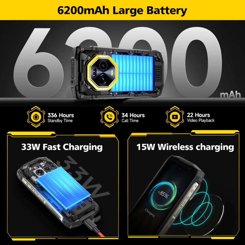 Strapabíró okostelefon 6200mAh akkumulátorral, 33W gyorstöltéssel és 15W vezeték nélküli töltéssel.