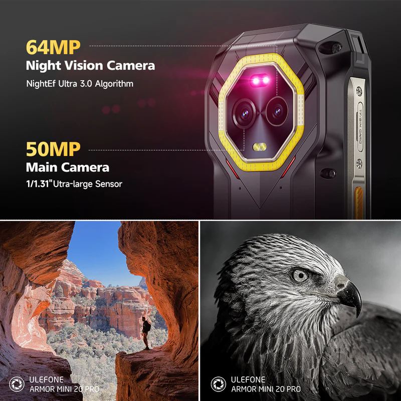Az Ulefone Armor 20 Pro 64MP-es éjjellátóval és 50MP-es fő kamerával rendelkezik. Kültéri és sas felvételeket is tartalmaz.